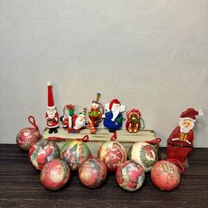 9 Vintage Paper Mache Decoupage Ornaments Santa's Snowman Bear Lot of 15